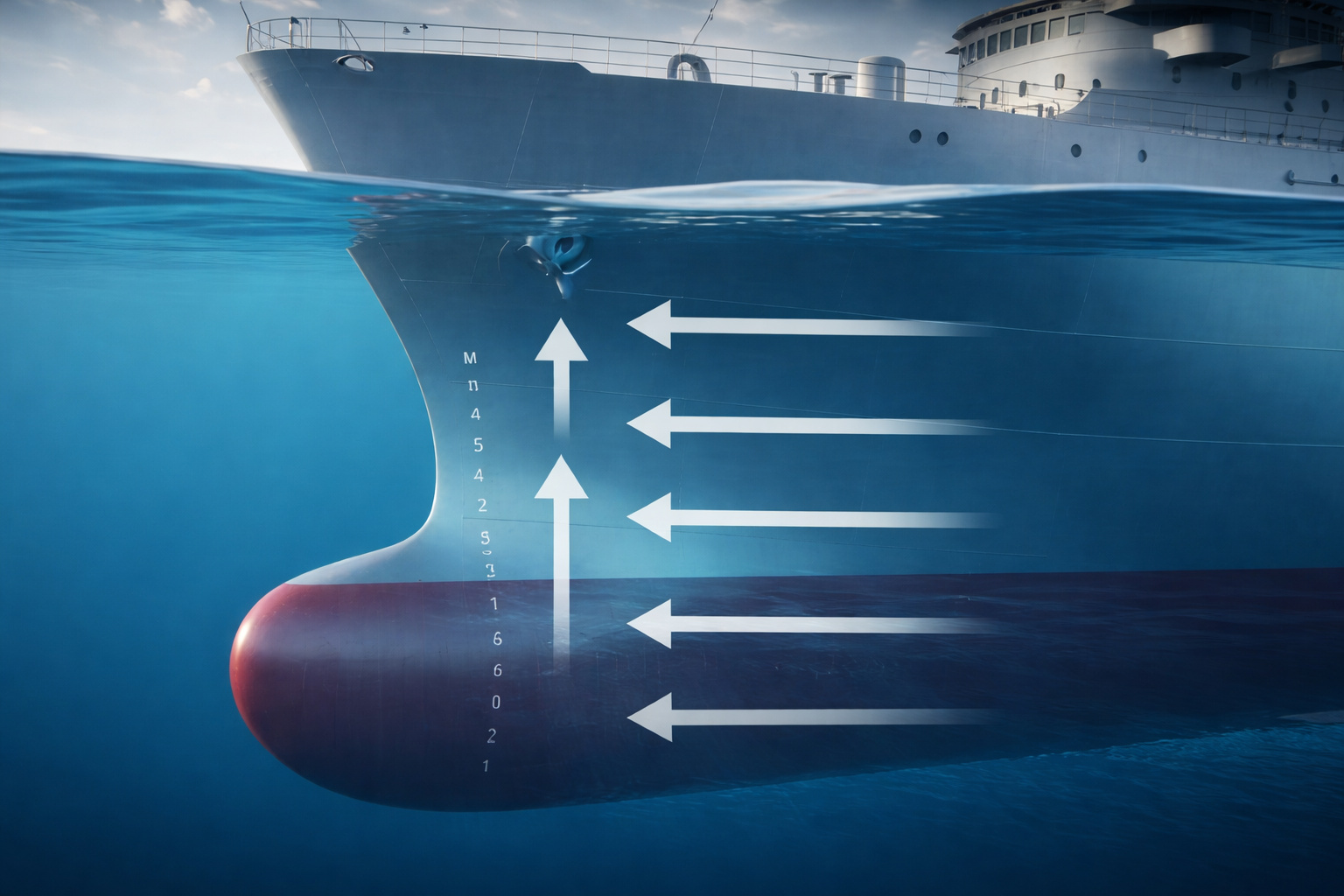 Diagrama de navio flutuando por empuxo ao deslocar grande volume de água