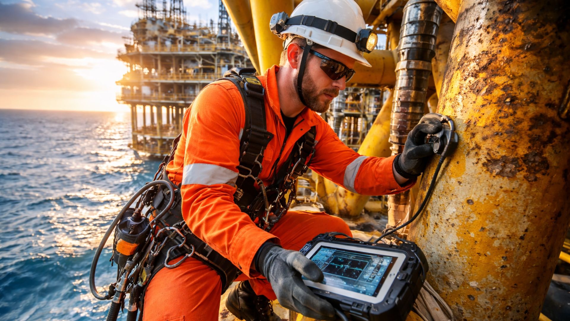 Técnico de integridade estrutural offshore realiza inspeção em estrutura metálica de plataforma de petróleo utilizando equipamento portátil de ultrassom, com mar e outra plataforma ao fundo.