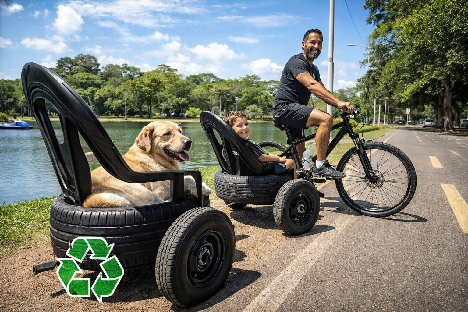 Pai pedala bicicleta adaptada com criança e cachorro em Montes Claros