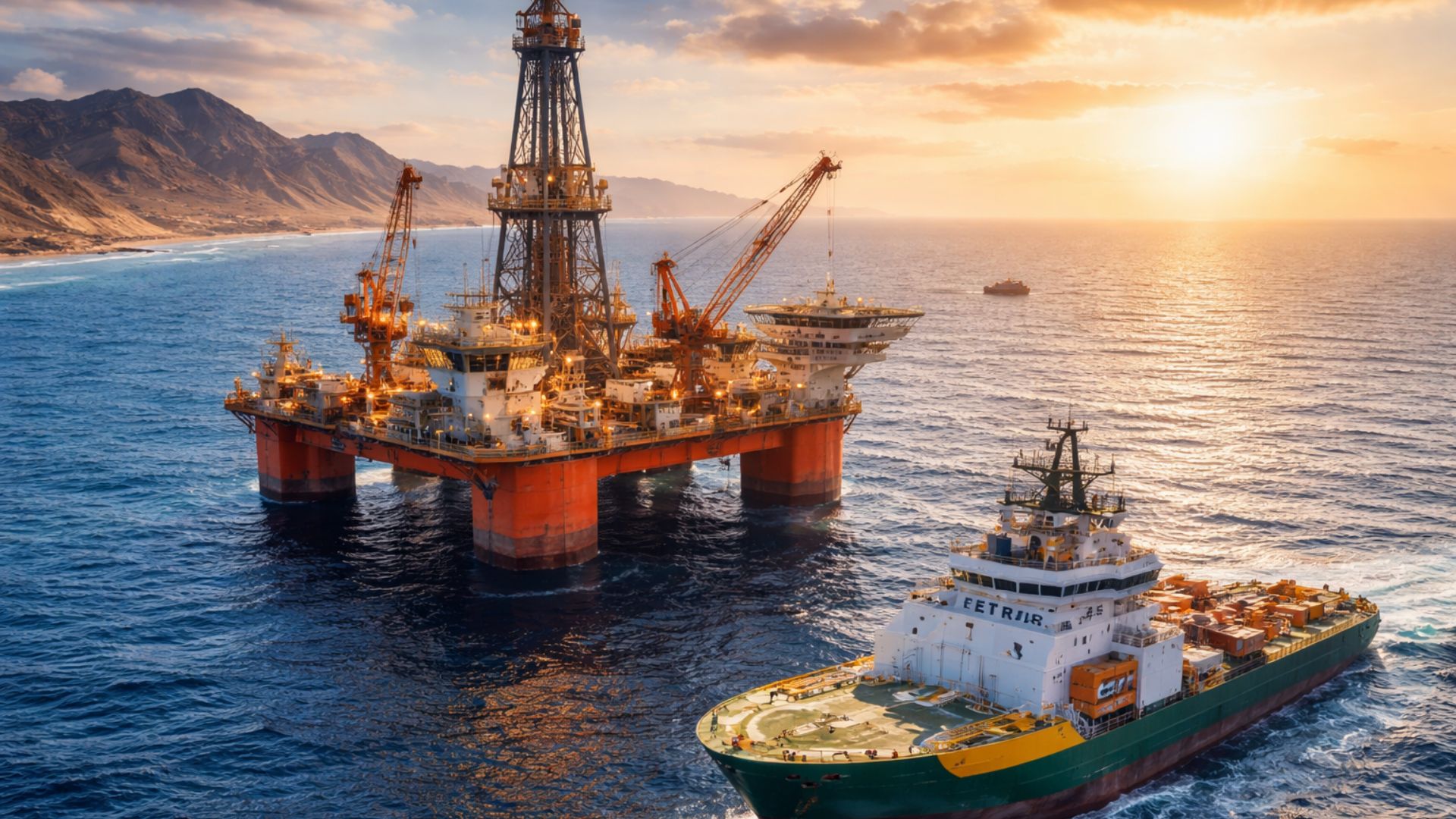 Plataforma de petróleo offshore em alto-mar com navio de apoio se aproximando, ao pôr do sol, próximo à costa africana.