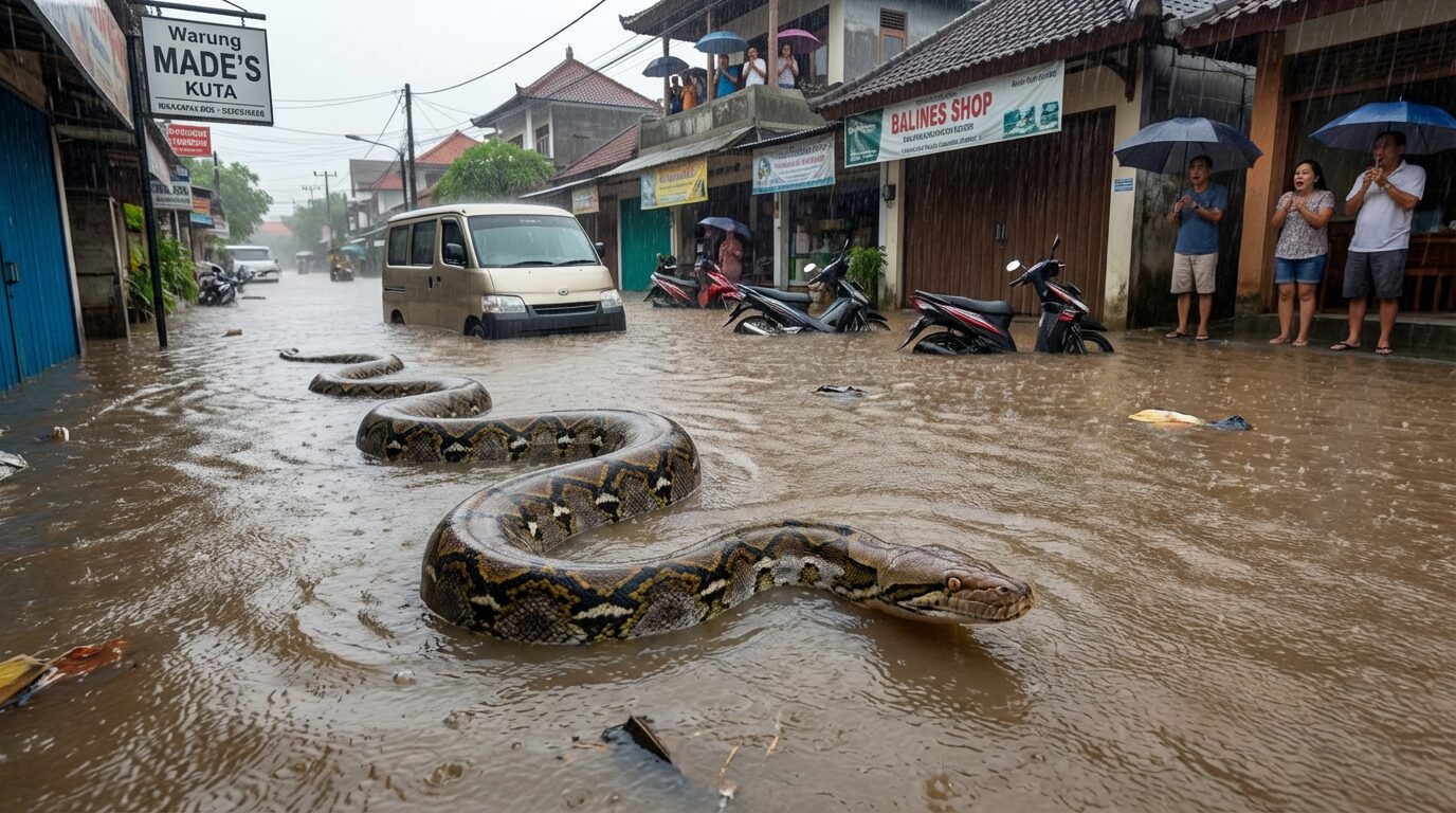 Chuvas torrenciais alagam Bali, pítons gigantes nadam nas ruas e autoridades alertam para deslizamentos enquanto bairros turísticos ficam debaixo d’água