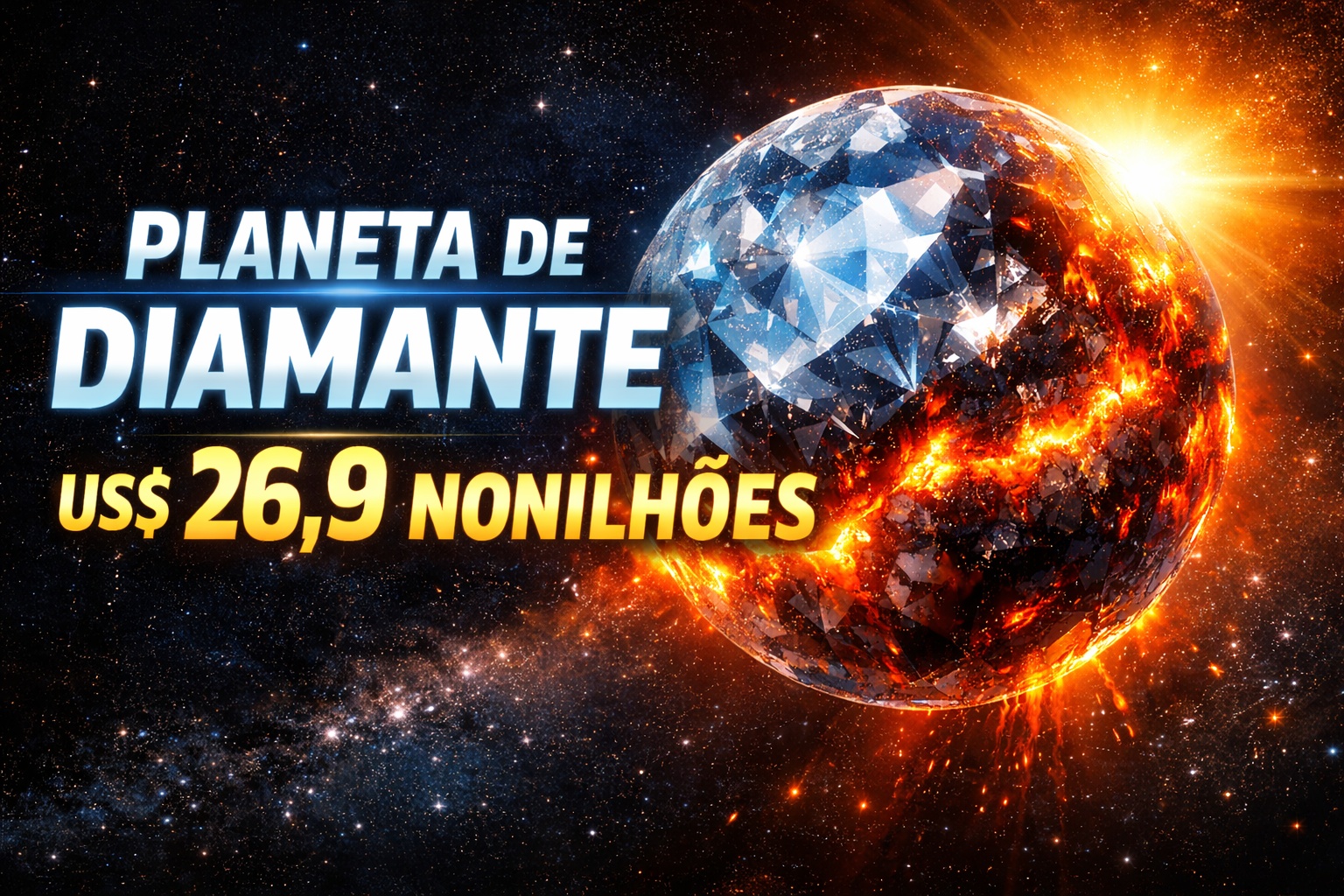 Planeta de diamante vale US$ 26,9 nonilhões (26 seguido de 30 zeros): 55 Cancri e tem mais diamante que todas as minas de Botsuana, Rússia e Canadá juntas multiplicadas por trilhões, temperatura de 2.400°C derrete ferro, mas está a 40 anos-luz da Terra