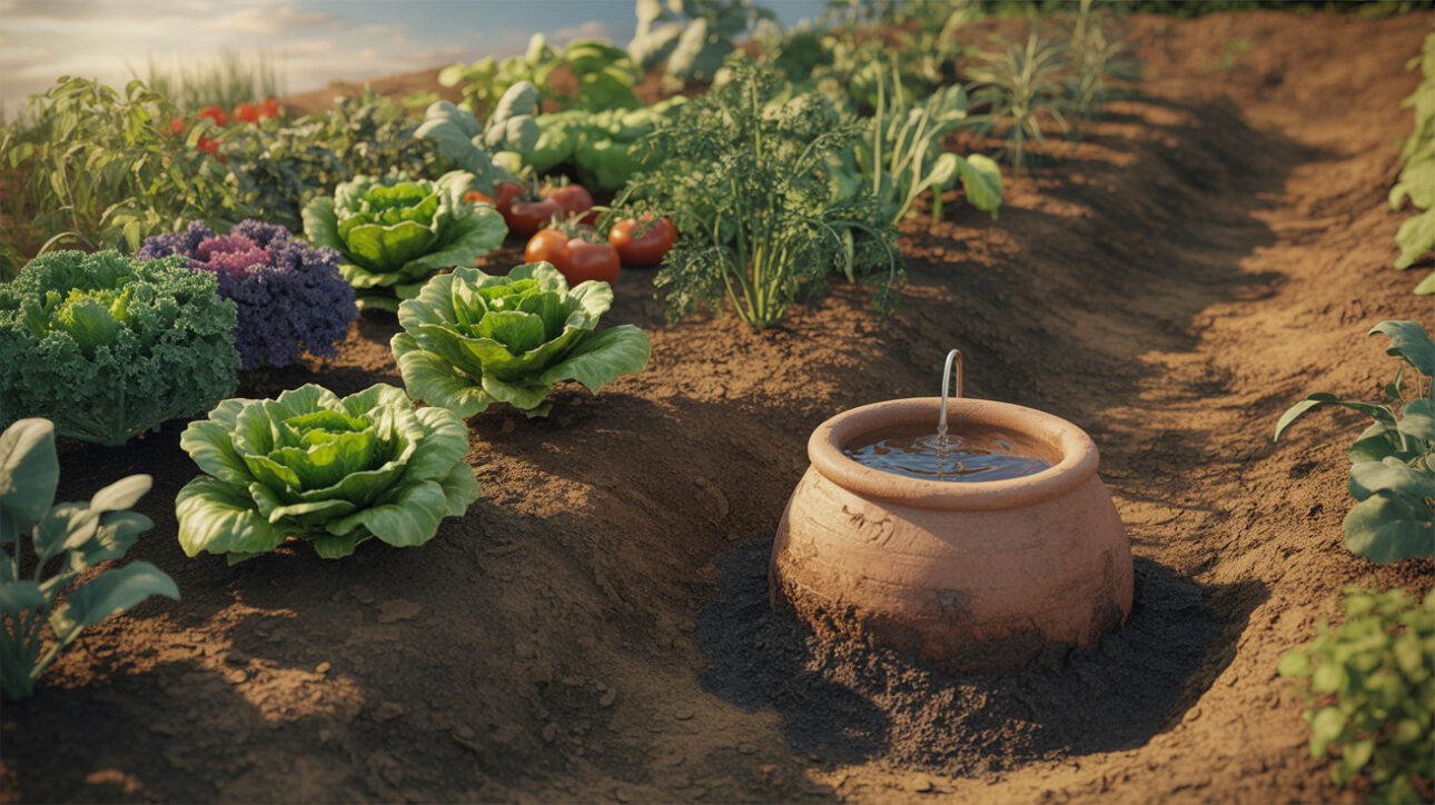 Productores rurales comenzaron a enterrar recipientes de barro en el huerto y crearon un sistema de riego subterráneo que ahorra hasta el 90% de agua, libera humedad directamente en las raíces por ósmosis y prácticamente elimina la evaporación