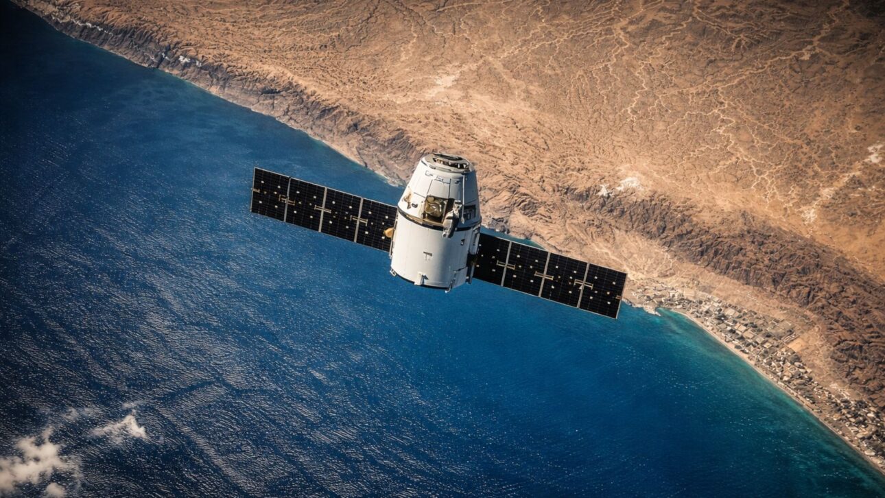 Satélite en órbita sobre la Tierra visto del espacio, con paneles solares abiertos sobre una costa desértica y océano azul.