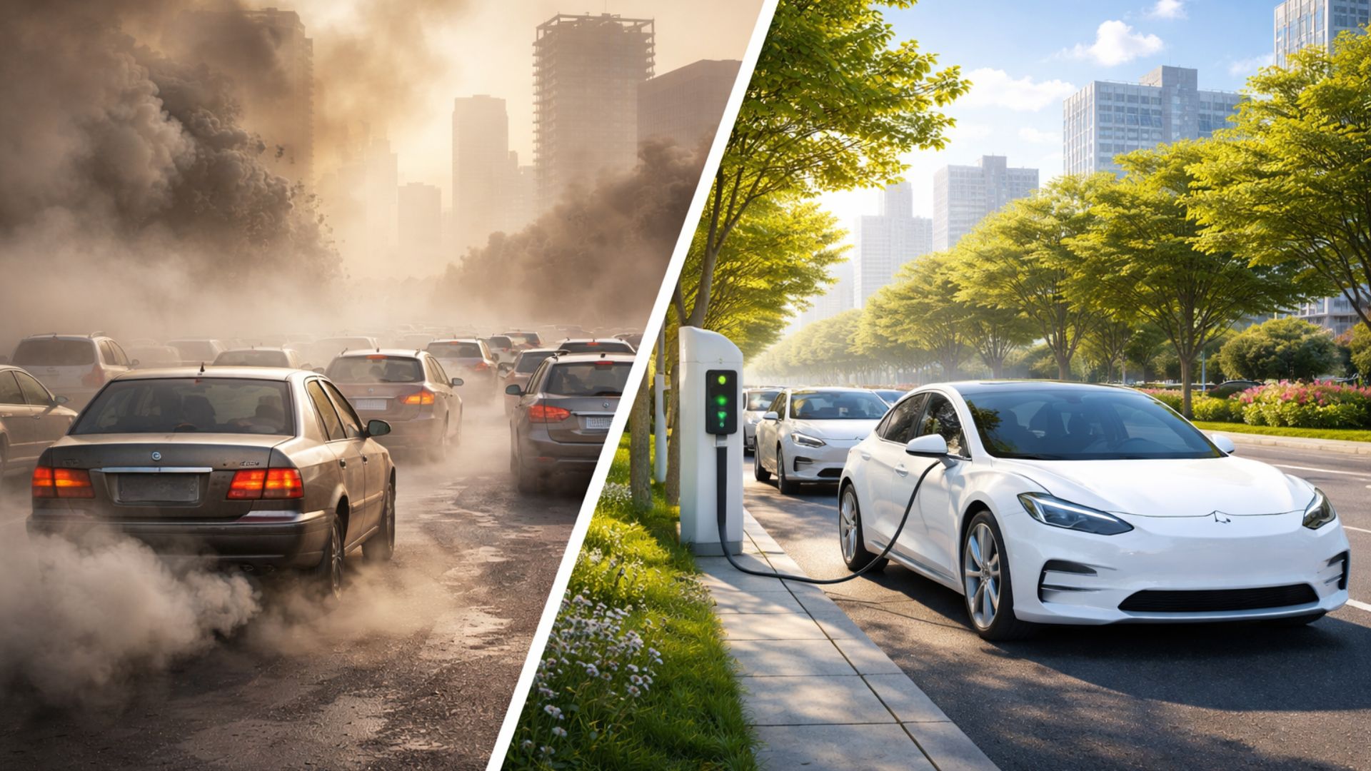 Comparação visual entre carros a combustão emitindo fumaça em uma cidade poluída e carros elétricos circulando em avenida arborizada com ar limpo.