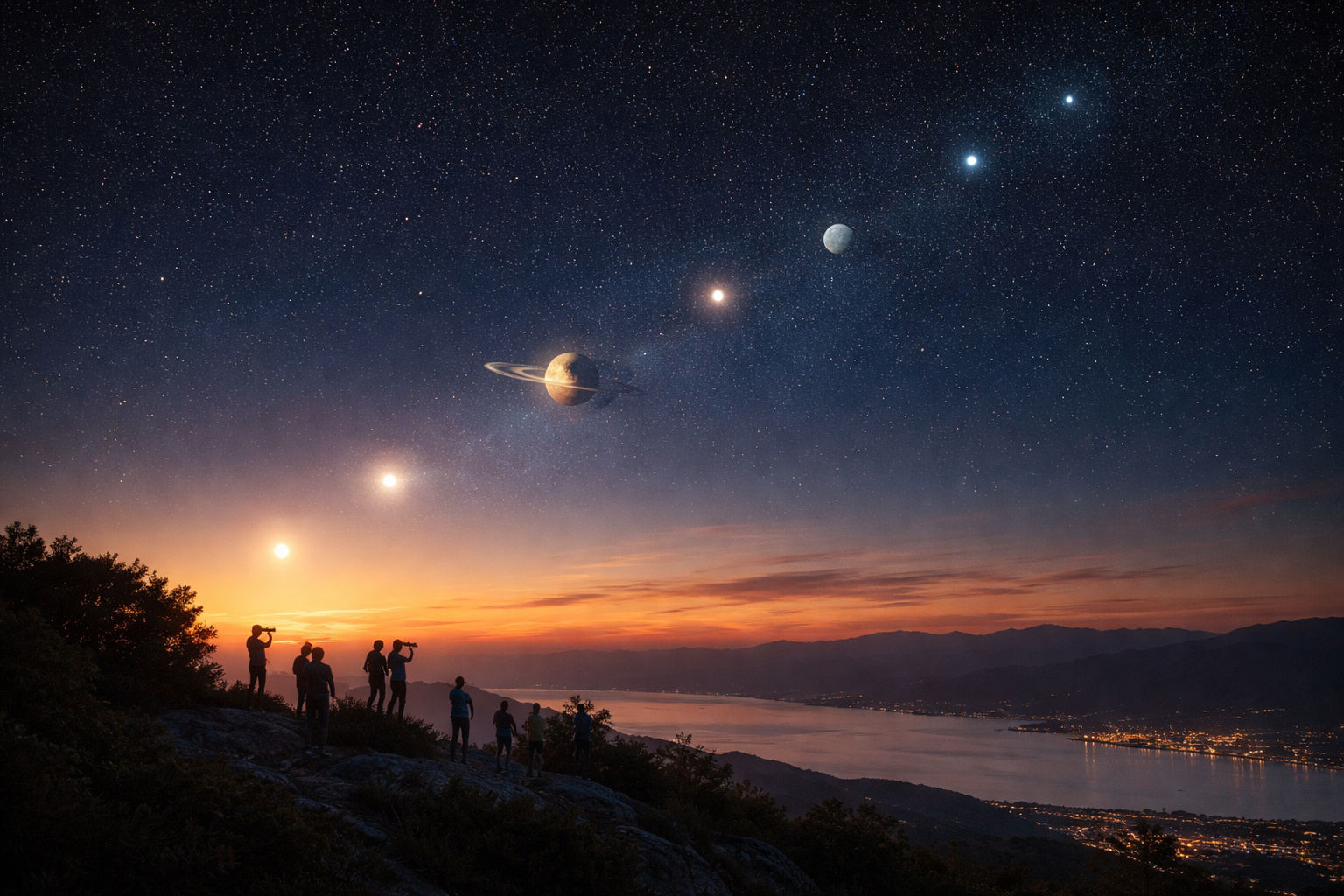 Alinhamento planetário com seis planetas visíveis no céu ao entardecer, observado após o pôr do sol em horizonte limpo.