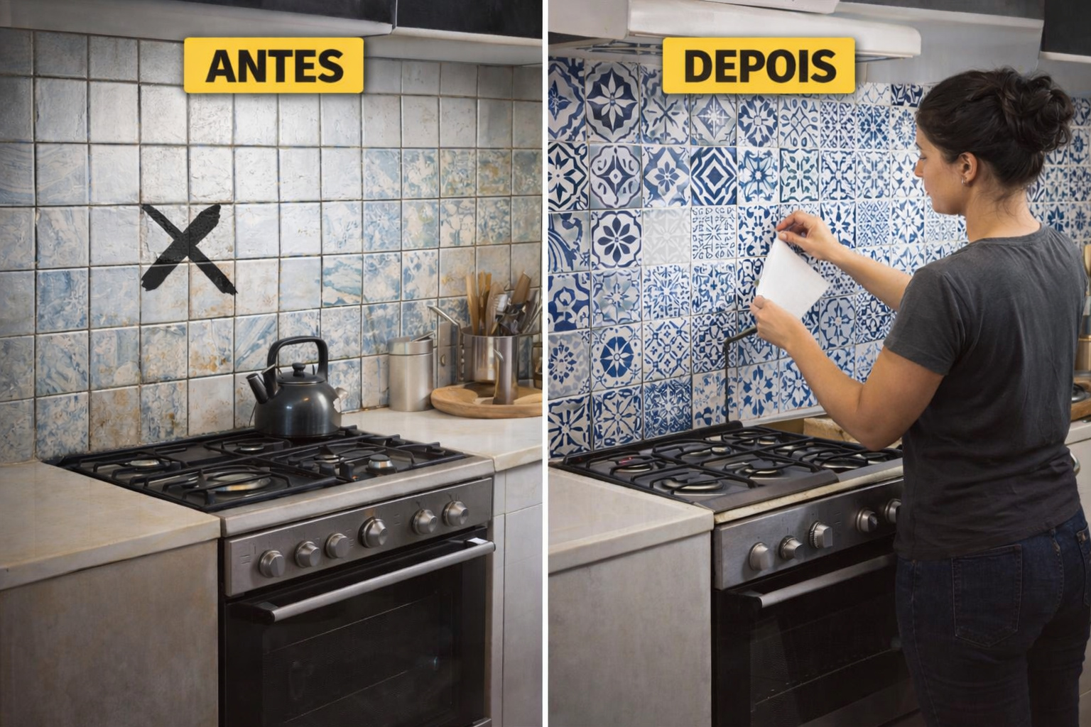 Adeus azulejo caro: dona de casa reforma cozinha com adesivo vinílico impermeável de R$ 30/m², aplica direto sobre o revestimento antigo em 1 dia, resiste à água e gordura e transforma o ambiente sem quebrar nada