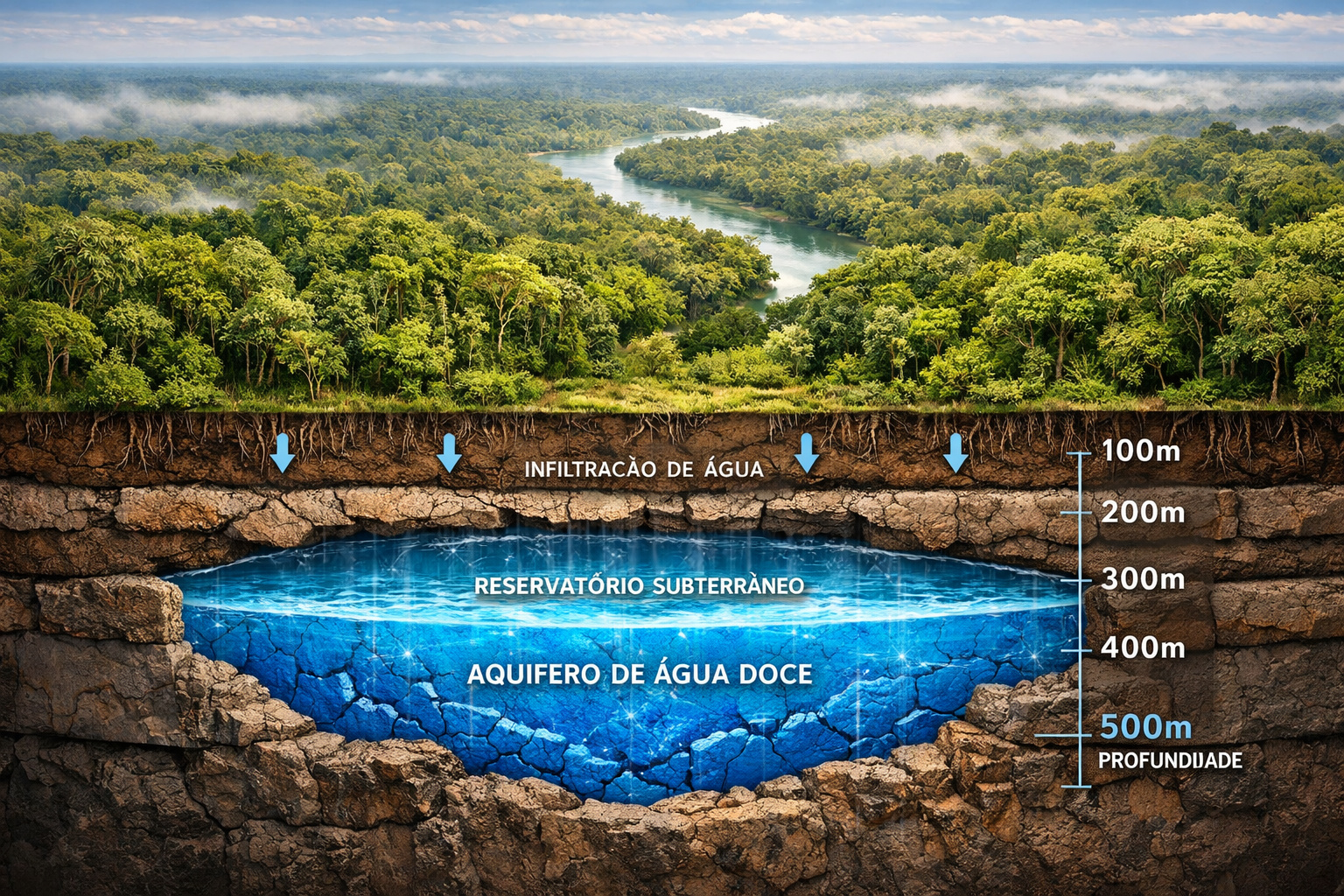 Ilustração da reserva subterrânea de água doce sob a Amazônia