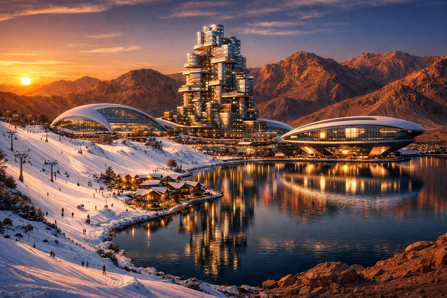 Resort de esqui Trojena com neve artificial nas montanhas de Tabuk