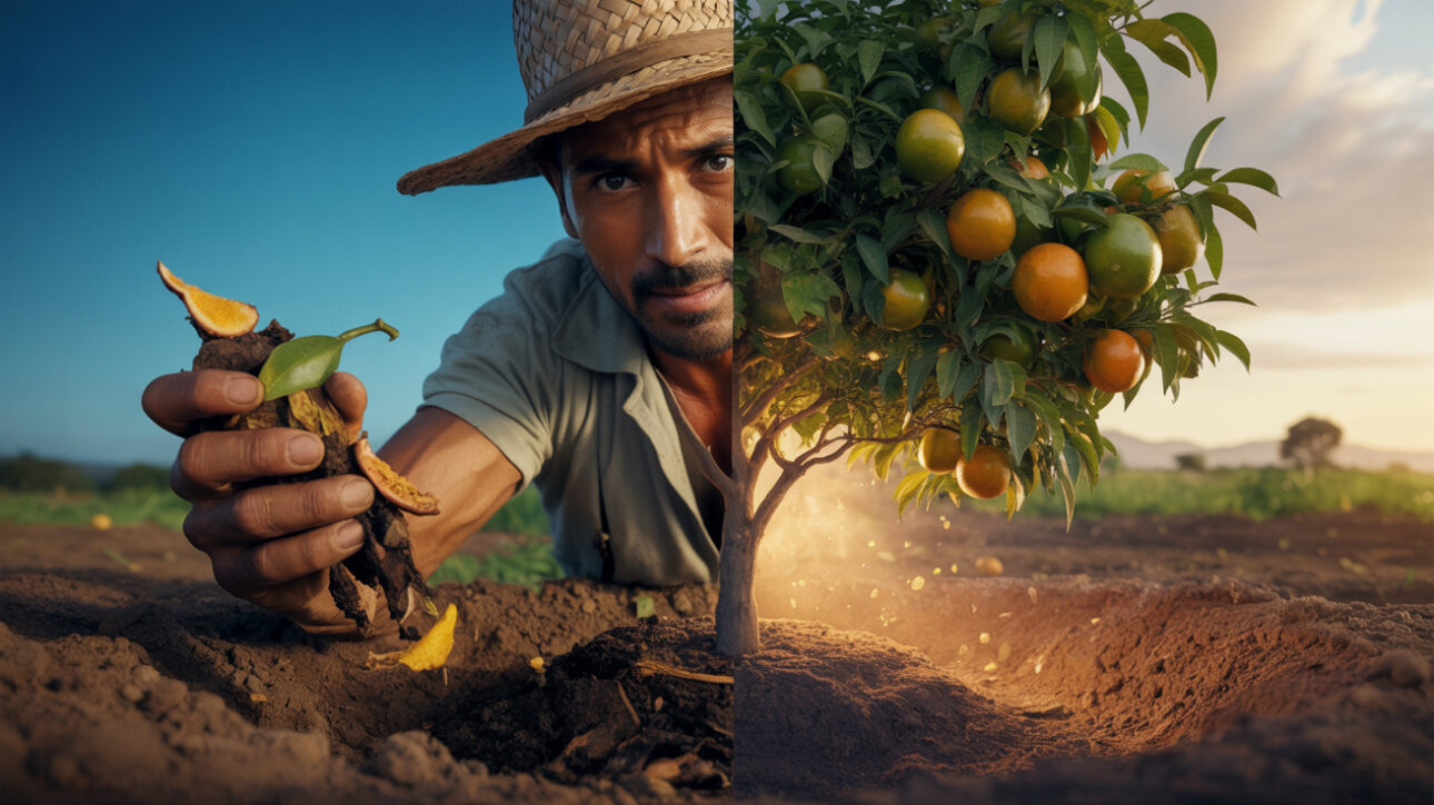 Los agricultores entierran restos orgánicos en descomposición al lado de los frutales y transforman un material que iría a la basura en un abono natural rico en nutrientes que acelera el crecimiento de las plantas