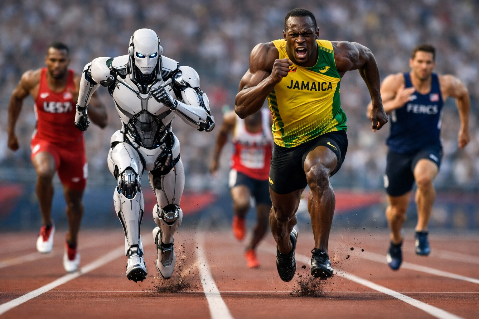 Robô humanoide Bolt correndo a 10 metros por segundo em laboratório de pesquisa na China.