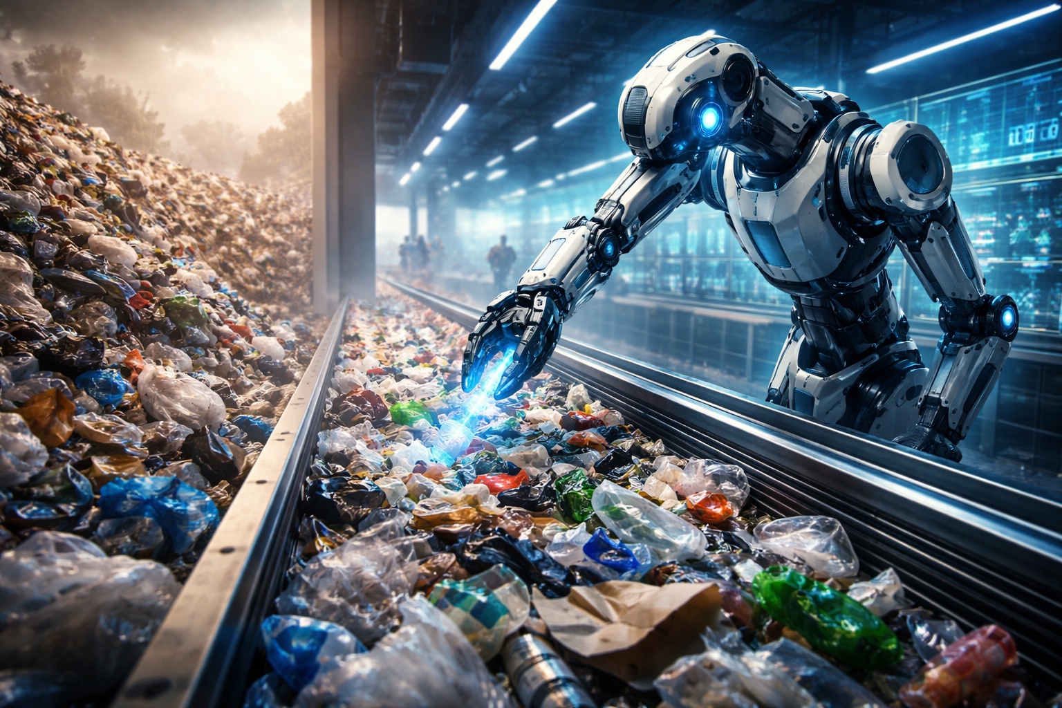 Enquanto montanhas de lixo crescem no mundo, robôs com inteligência artificial já separam até 98% dos resíduos em plantas automatizadas e transformam reciclagem em corrida tecnológica de alta precisão