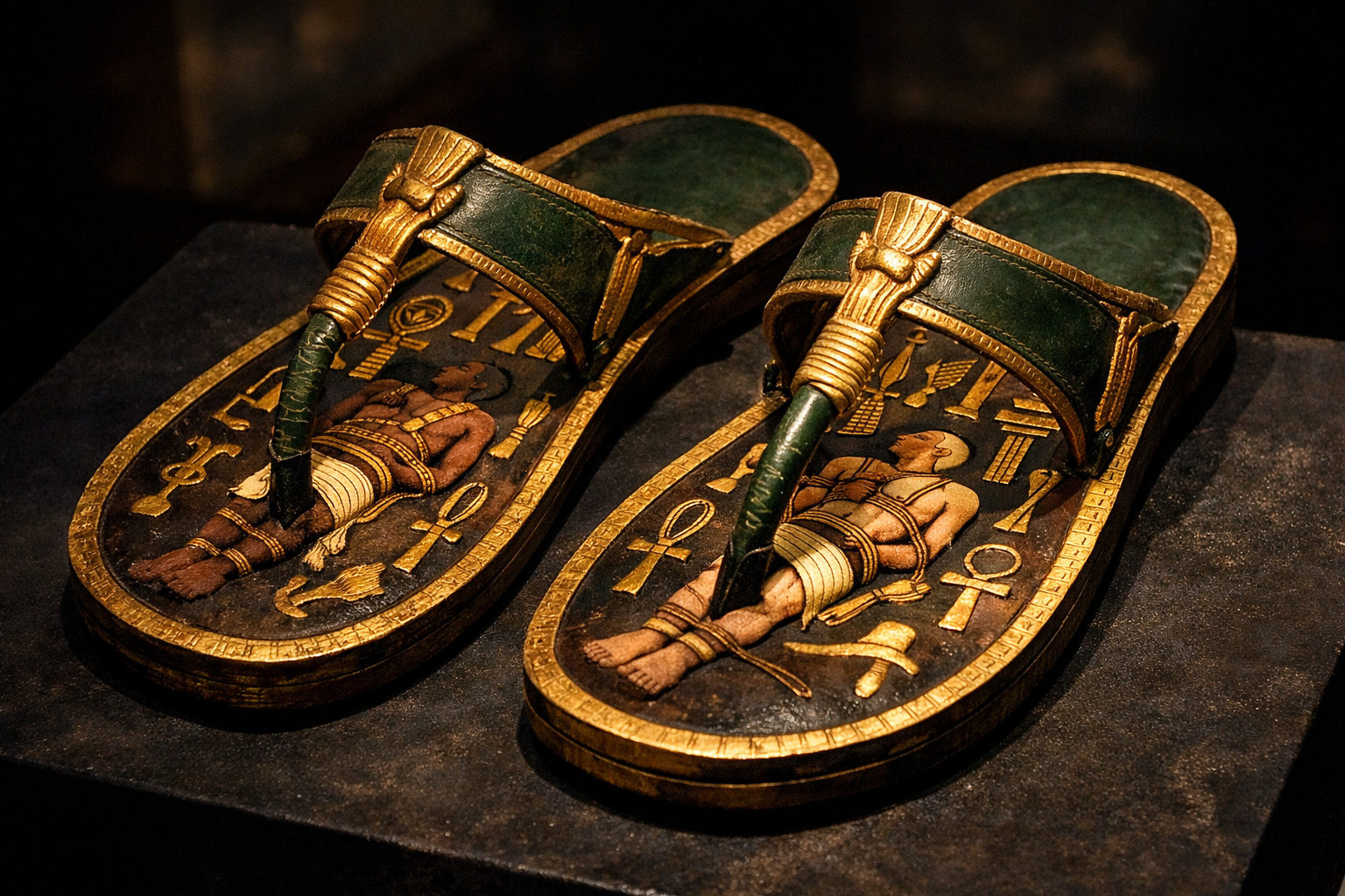 Sandálias de Tutancâmon com imagens de inimigos do Egito Antigo na sola.