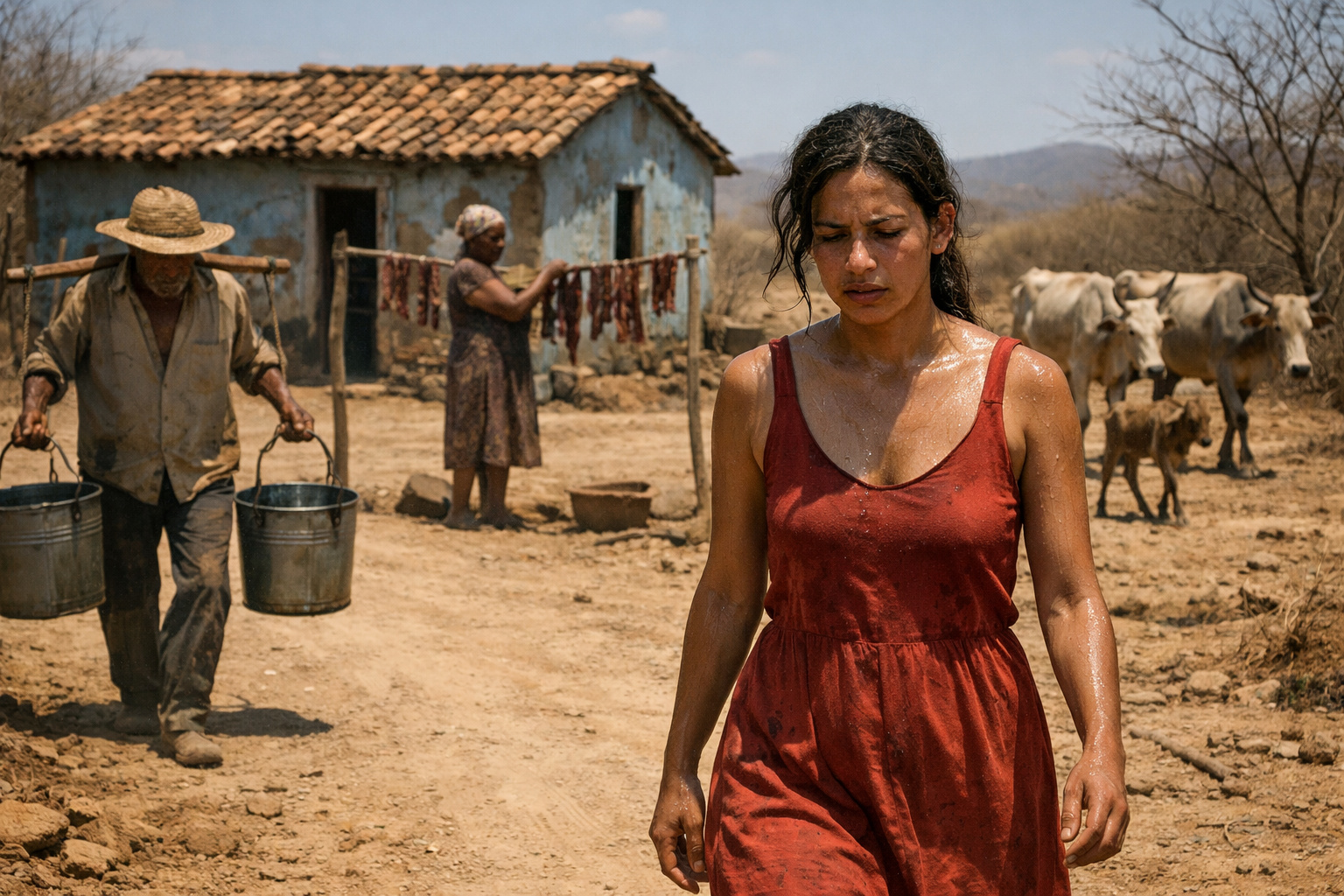 Sertão nordestino com solo rachado, vegetação da Caatinga e moradores carregando água em cenário de seca e abandono histórico.