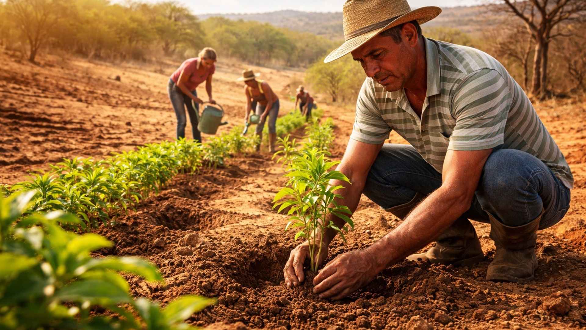 No Nordeste do Brasil, pessoas plantam arvores para tentar frear a desertificação e reduzir perdas de solo, água e produção agrícola em áreas críticas.