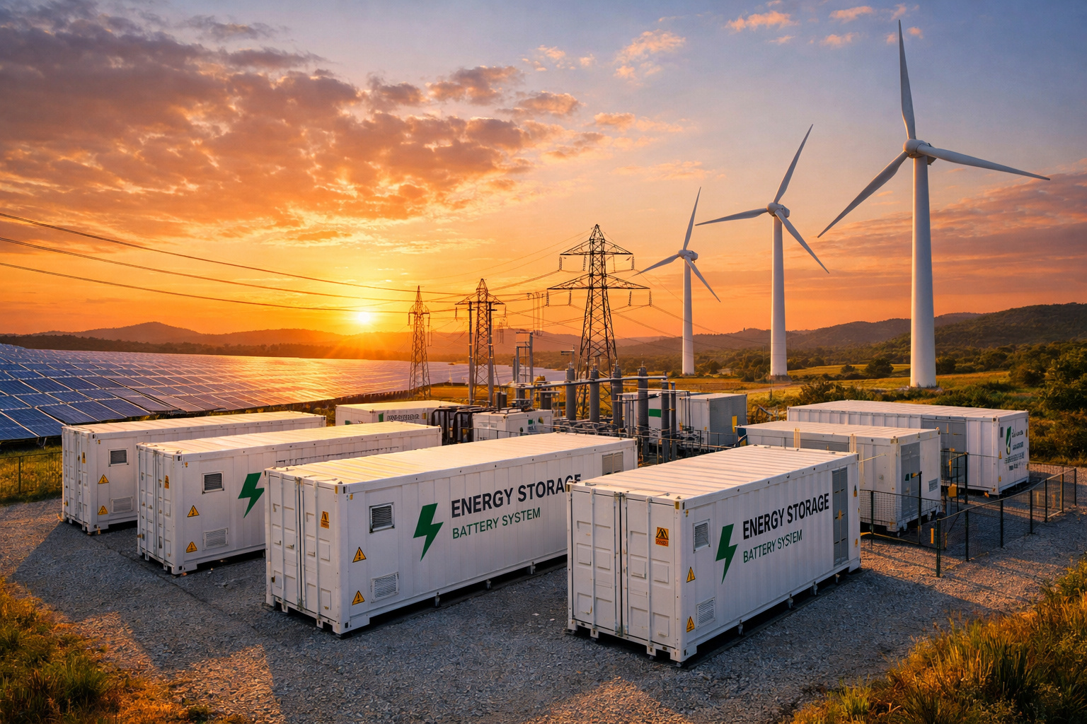 Sistema BESS conectado a usina solar e eólica no Brasil