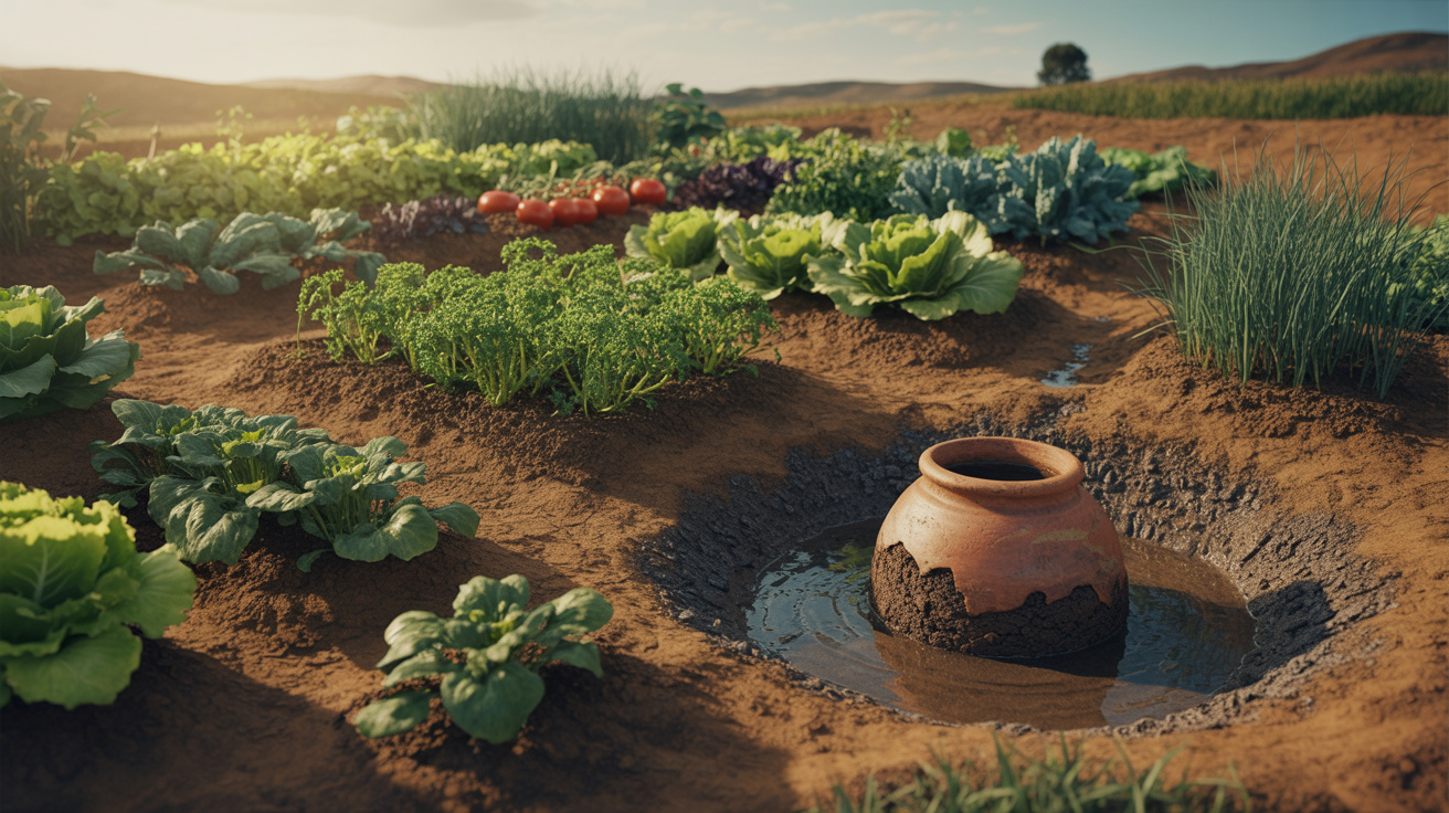 Produtores rurais começaram a enterrar potes de barro na horta e criaram sistema de irrigação subterrânea que economiza até 90% de água, libera umidade direto nas raízes por osmose e praticamente elimina a evaporação