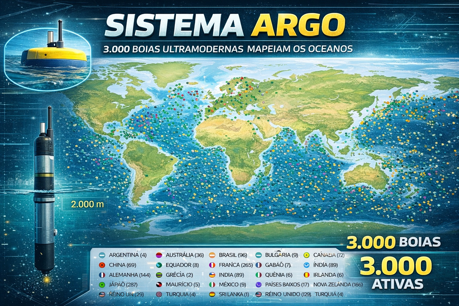 A 2.000 metros de profundidade, uma rede global de mais de 3.000 boias monitora 90% do calor do planeta e revela em silêncio como os oceanos estão absorvendo as mudanças climáticas