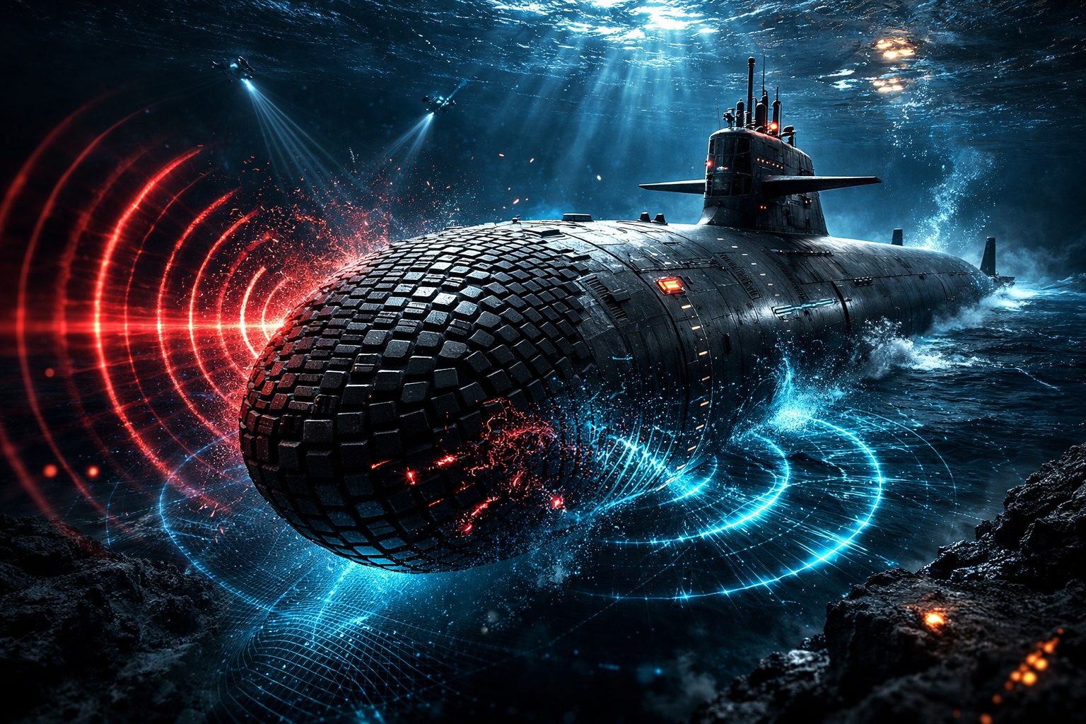 Silenciosamente cobertos por milhares de placas anecoicas, submarinos nucleares modernos usam “escudos acústicos” para absorver ondas de sonar e reduzir drasticamente sua assinatura no fundo do oceano