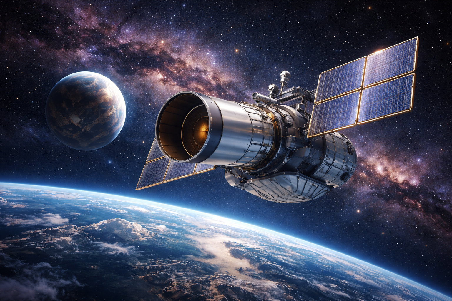 Telescópio espacial Pandora em órbita da Terra observando estrelas para análise precisa de exoplanetas e sistemas planetários