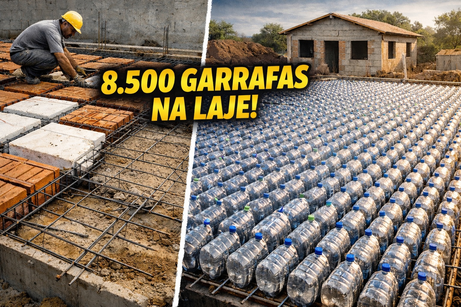 Técnica de laje com garrafas PET substitui isopor e cerâmica em casa de 50m² usando 8.500 unidades que oferecem isolamento térmico superior e reduzem custo da obra em 40% a 60% comparado a laje convencional