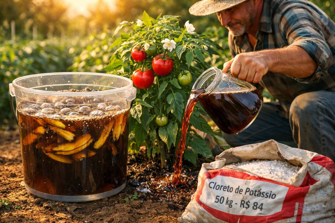 Productor que tiraba cáscara de plátano a la basura ahora fermenta en agua por 7 días y crea abono potásico líquido gratuito: solución concentrada tiene el doble de potasio que la polpa, acelera la floración y fructificación sin químicos y sustituye cloruro de potasio que cuesta R$ 84 el saco de 50 kg