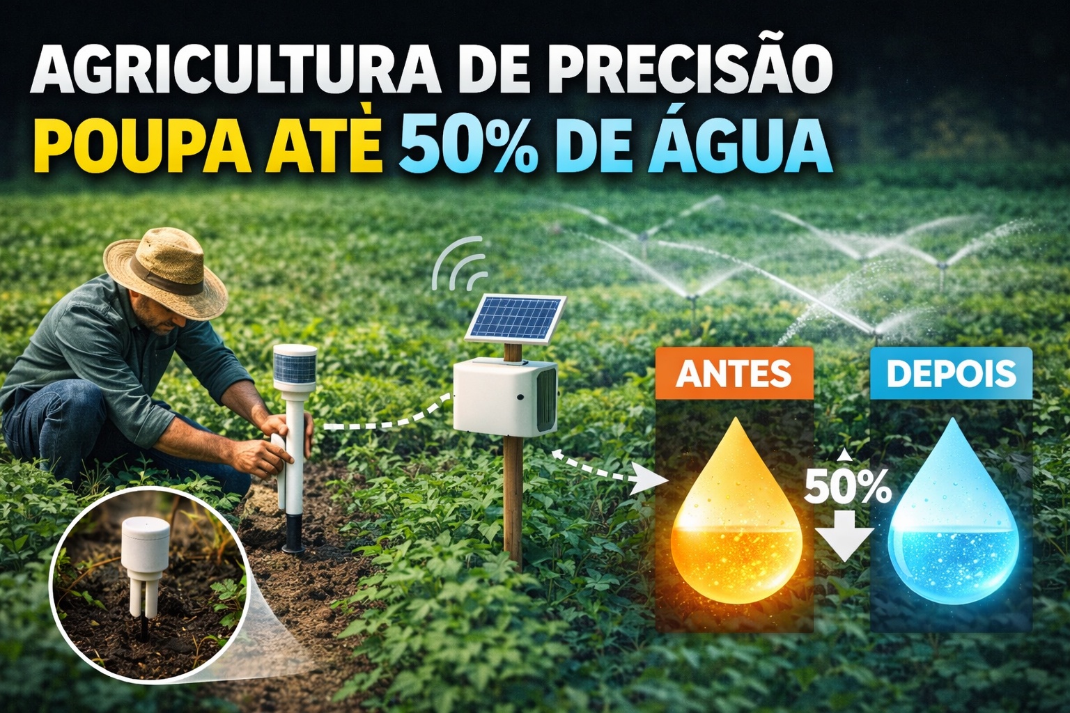 Agricultores instalam sensores de umidade do solo que acionam irrigação automática apenas quando necessário, reduzem em até 50% o uso de água e transformam a eficiência hídrica nas lavouras com agricultura de precisão