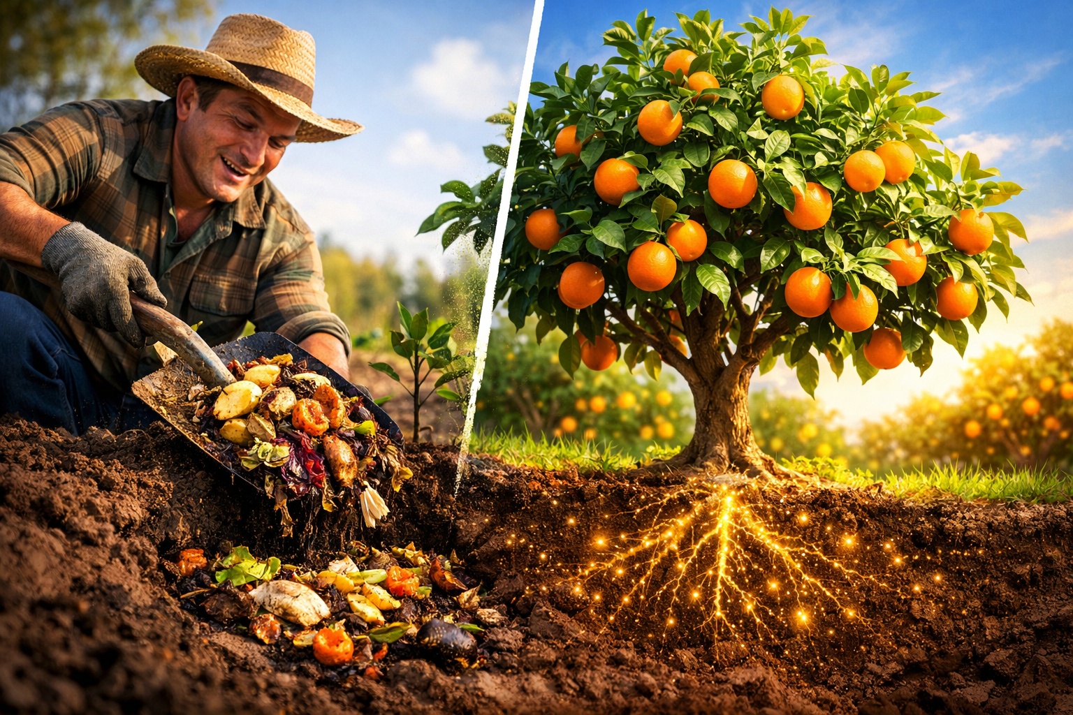 Fazendeiros enterram restos orgânicos apodrecidos ao lado das frutíferas e transformam material que iria para o lixo em adubo natural rico em nutrientes que acelera o crescimento das plantas