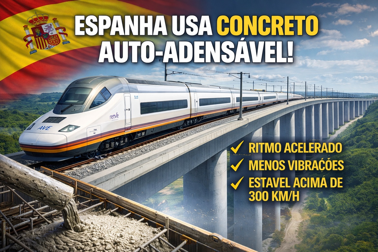 Usando um concreto que “se espalha sozinho”, a Espanha constrói viadutos do trem-bala AVE com centenas de metros, reduz vibrações e acelera obras pensadas para trens a 330 km/h