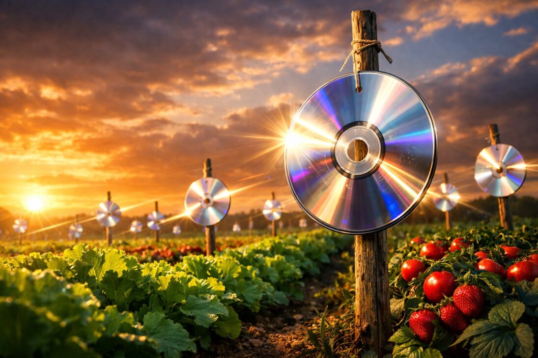 Productores comenzaron a colgar CDs usados en la plantación y crearon un “espantapájaros de luz” que puede reducir pérdidas en hasta un 40%: discos giran con el viento, reflejan destellos intensos y protegen frutas y hortalizas sin uso de redes o veneno