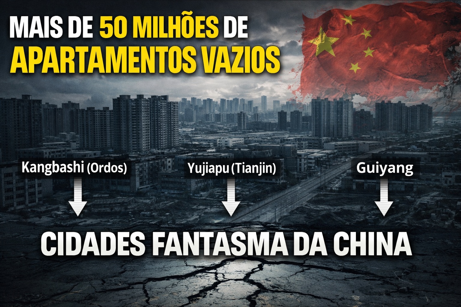 Com mais de 50 milhões de apartamentos vazios e bairros inteiros planejados para milhões de moradores que nunca chegaram, distritos como Kangbashi (Ordos), Yujiapu (Tianjin) e novos polos urbanos de Guiyang se tornaram o retrato mais extremo das chamadas “cidades fantasmas” da China após décadas de superconstrução imobiliária