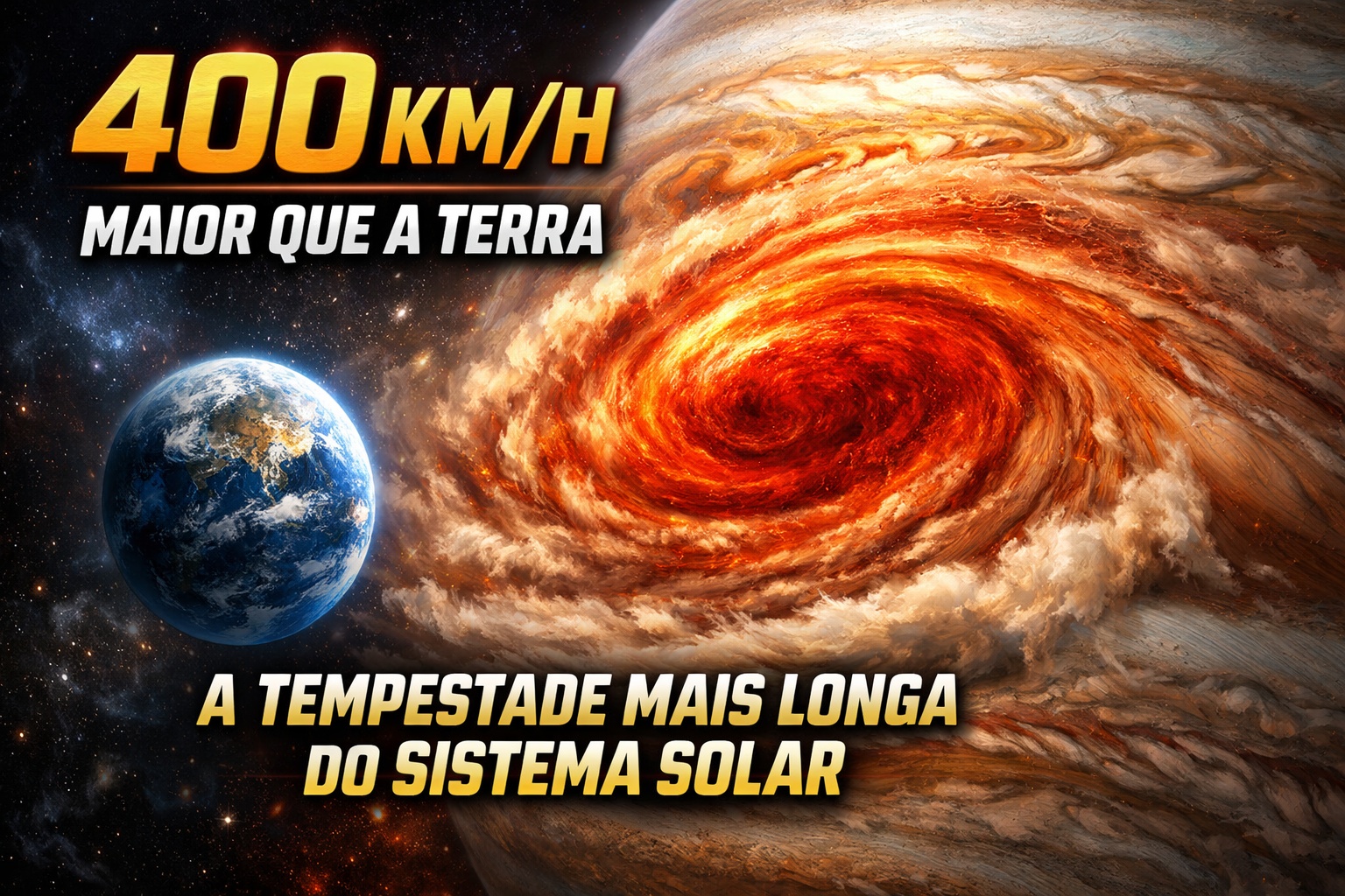 Com ventos acima de 400 km/h e tamanho superior ao da Terra, a Grande Mancha Vermelha de Júpiter é a tempestade mais longa já observada no Sistema Solar