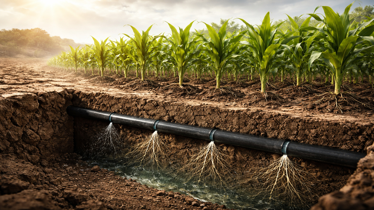 Agricultores enterram tubos a até 40 cm no solo, eliminam quase toda a evaporação, economizam até 50% de água e usam a irrigação por gotejamento subterrâneo para sustentar lavouras em regiões áridas sob estresse climático extremo