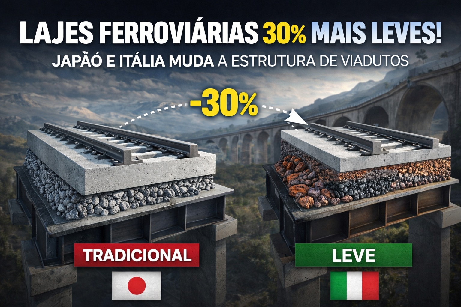 Ao substituir brita por agregados leves como rocha vulcânica expandida e escória industrial tratada, Japão e Itália passaram a construir lajes ferroviárias até 30% mais leves, reduzindo carga permanente e mudando a lógica estrutural de viadutos e pontes