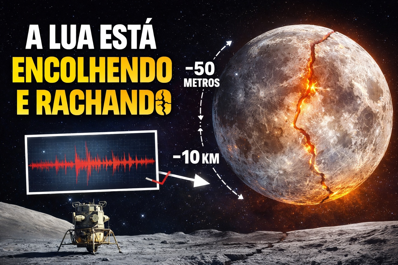 Ao esfriar por bilhões de anos, a Lua encolheu cerca de 50 metros, gerou falhas geológicas com dezenas de quilômetros e segue “rachando” lentamente sobre nossas cabeças, segundo dados sísmicos das missões Apollo