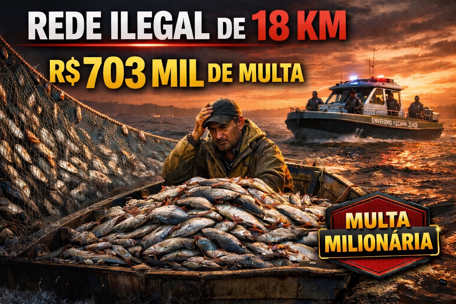 Pescador com rede de 18 km recebe multa de R$ 703 mil ao gerar prejuízo de R$ 2,1 milhões ao ecossistema marinho: Polícia Ambiental apreendeu 3 toneladas com equipamento 6 vezes acima do limite legal