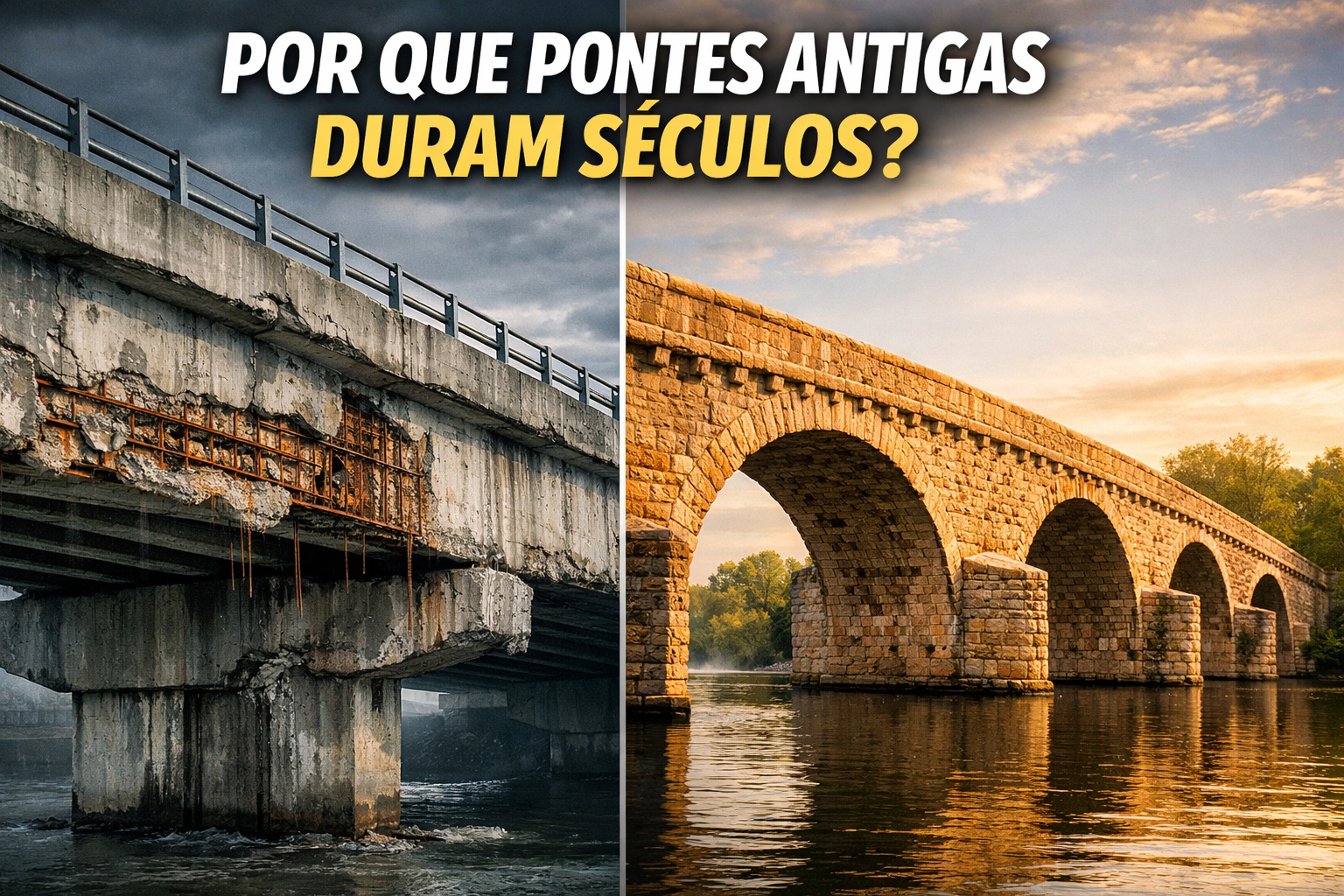 Pontes modernas de concreto armado começam a apresentar corrosão e limite de vida útil em poucas décadas, enquanto pontes de pedra construídas há séculos seguem em operação, desafiando a engenharia contemporânea e expondo o custo oculto da infraestrutura do século XX
