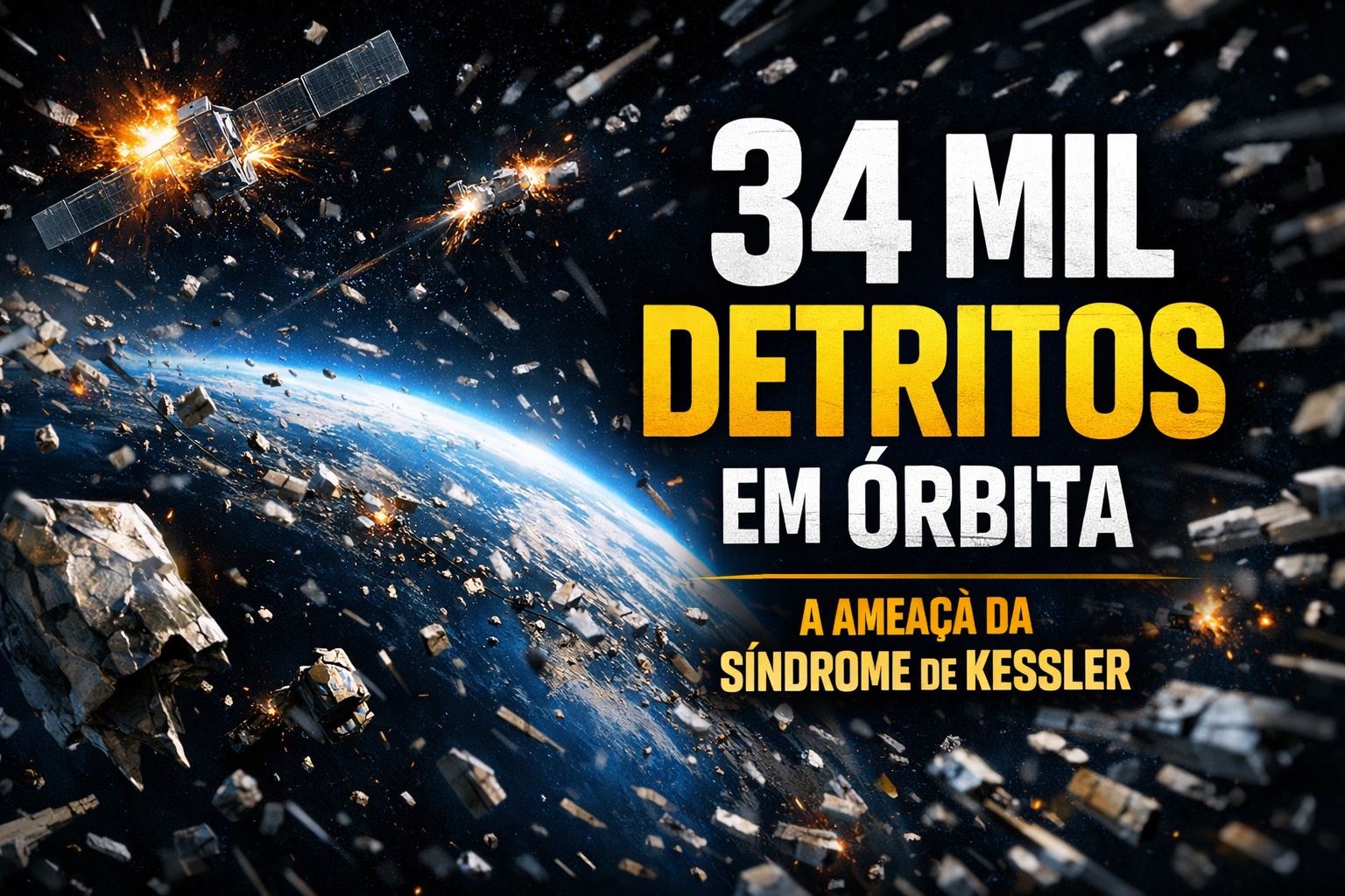 Enquanto o mundo depende de satélites invisíveis, 34 mil detritos maiores que 10 cm cruzam a órbita da Terra a 28.000 km/h e cientistas alertam que a Síndrome de Kessler pode desencadear uma cascata de colisões capaz de travar lançamentos espaciais por décadas e ameaçar trilhões em infraestrutura orbital