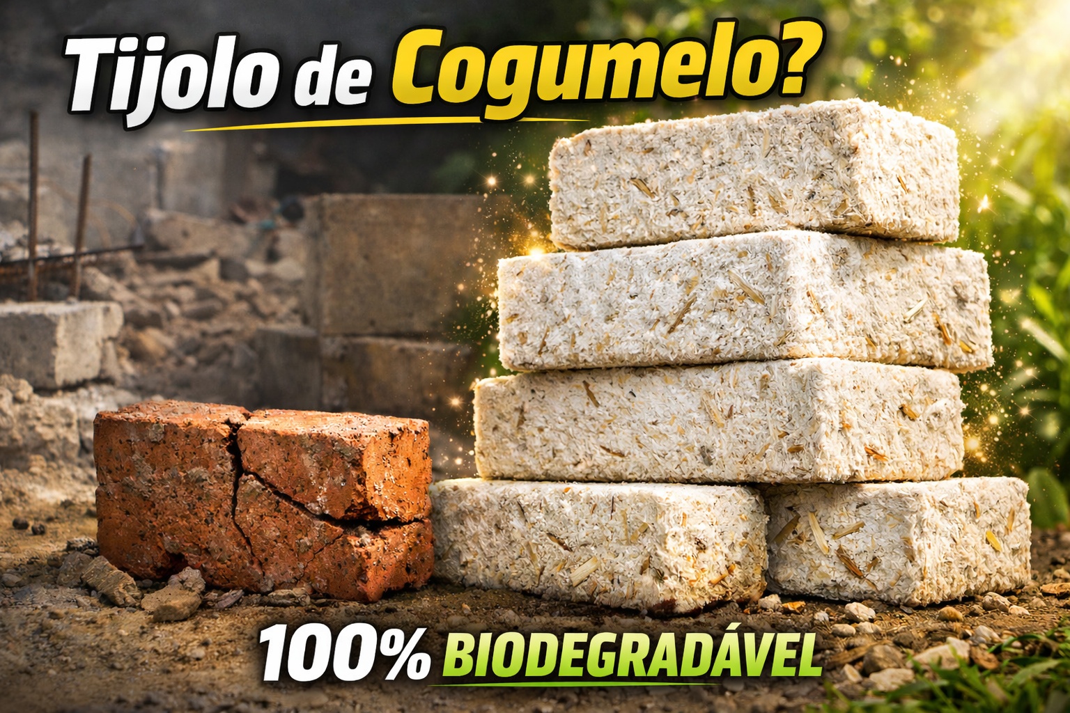 Tijolos de cogumelos crescem em 5 dias e substituem isopor e plástico: micélio cultivado com resíduos agrícolas é 100% biodegradável, à prova de fogo, isola termicamente melhor que fibra de vidro e pesa 60 vezes menos que tijolo convencional