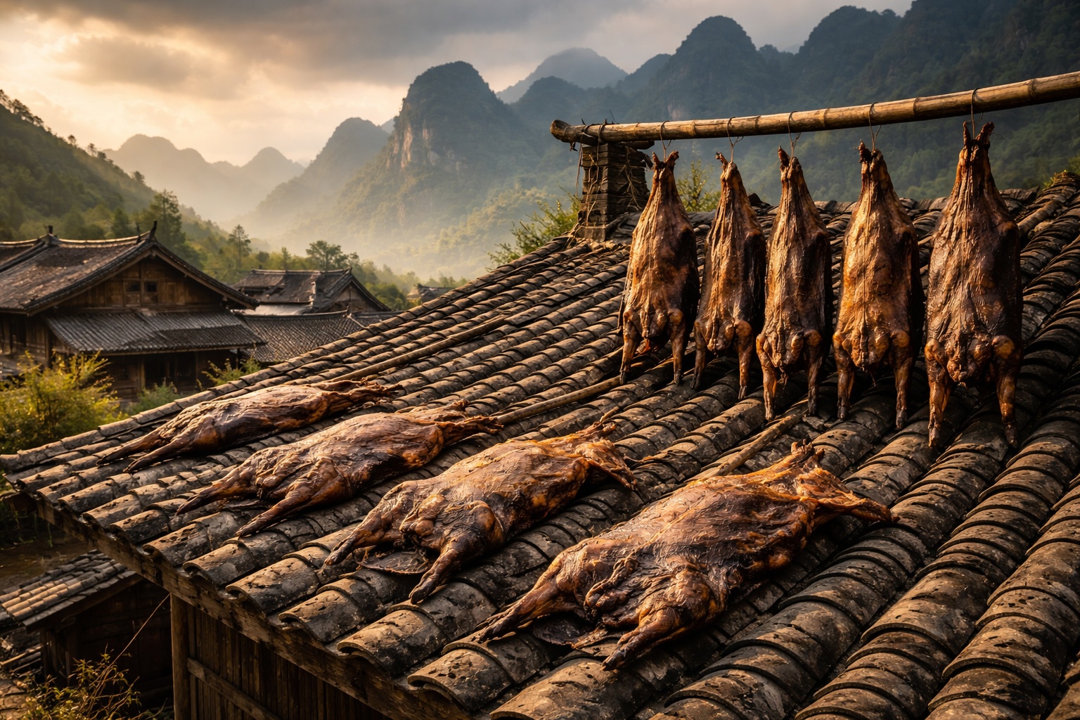 Poucos sabem, mas carcaças de porcos inteiros e desidratados ainda são colocadas nos telhados na China: tradição de conservação em Yunnan resiste até hoje