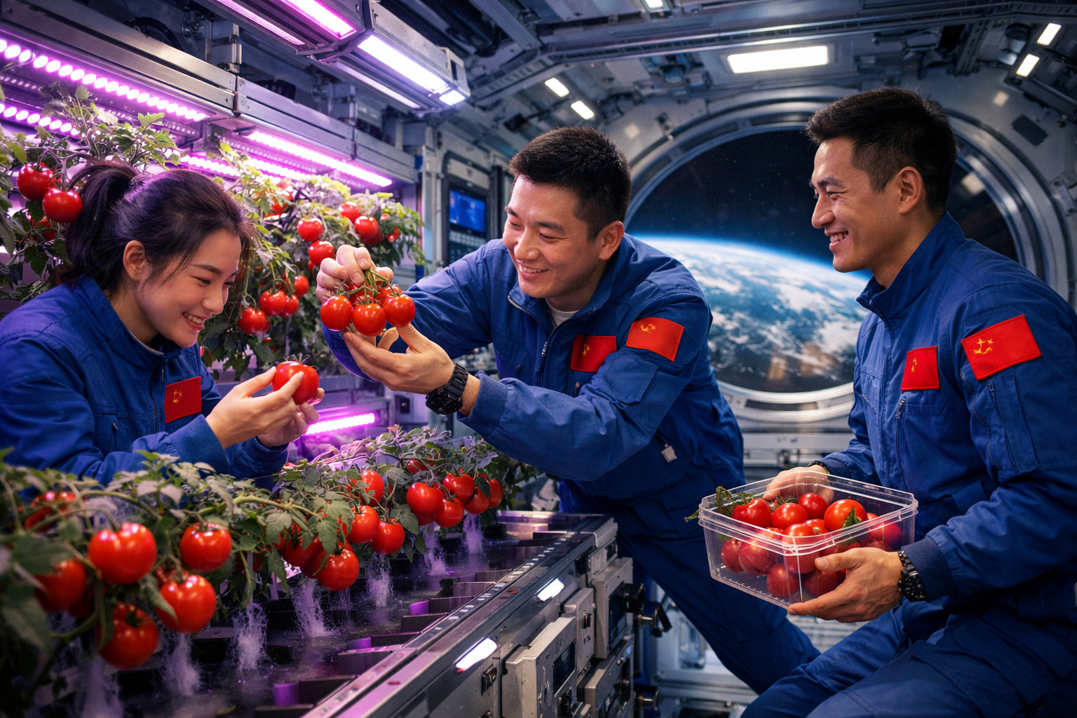 Astronautas chineses cultivando tomates em sistema aeropônico dentro da estação espacial Tiangong em 2026.