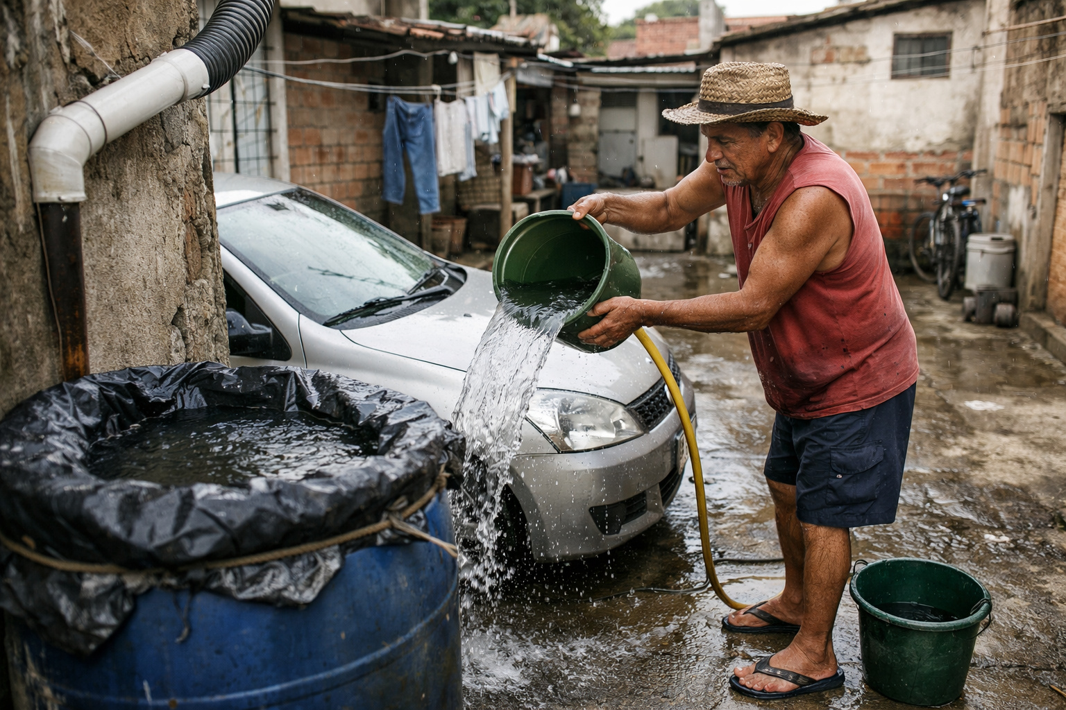 Água da chuva utilizada para lavar quintal e carro