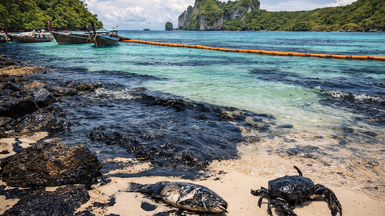Derramamento de petróleo após naufrágio de cargueiro atinge praias famosas da Tailândia, preocupa autoridades e coloca turismo e vida marinha sob risco.