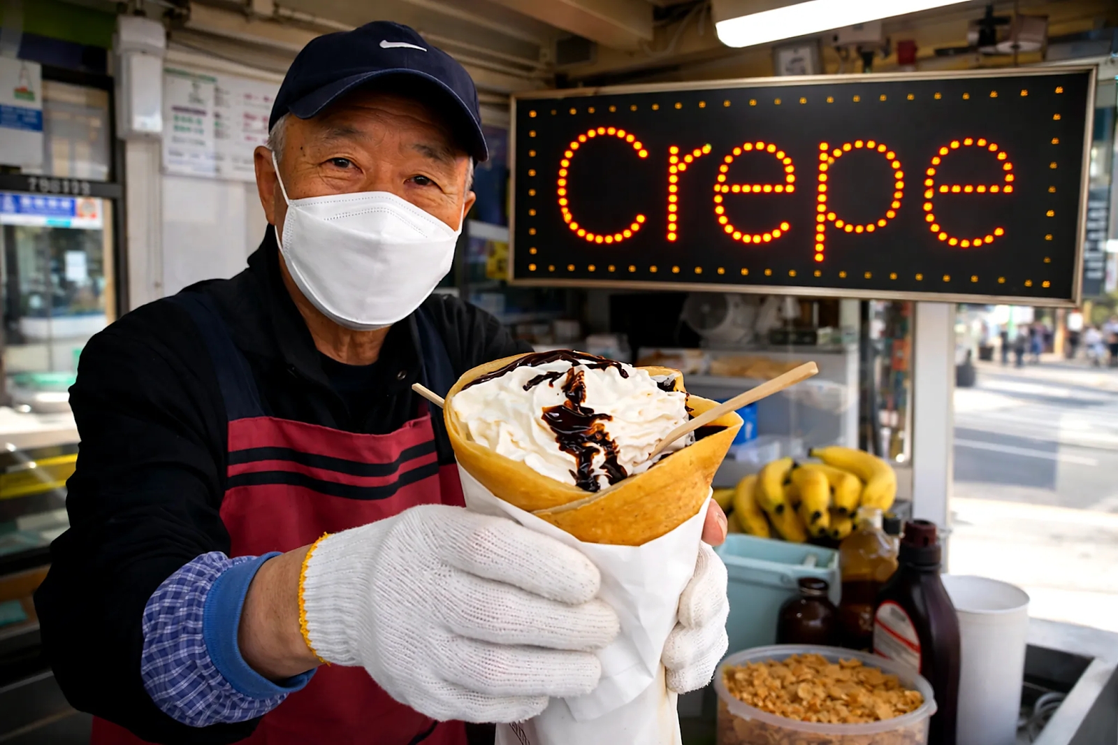Todos os dias, vovô da Coreia vende 300 crepes em seu quiosque operando como uma micro linha de produção com chapa circular aquecida e padronização que garante alto giro