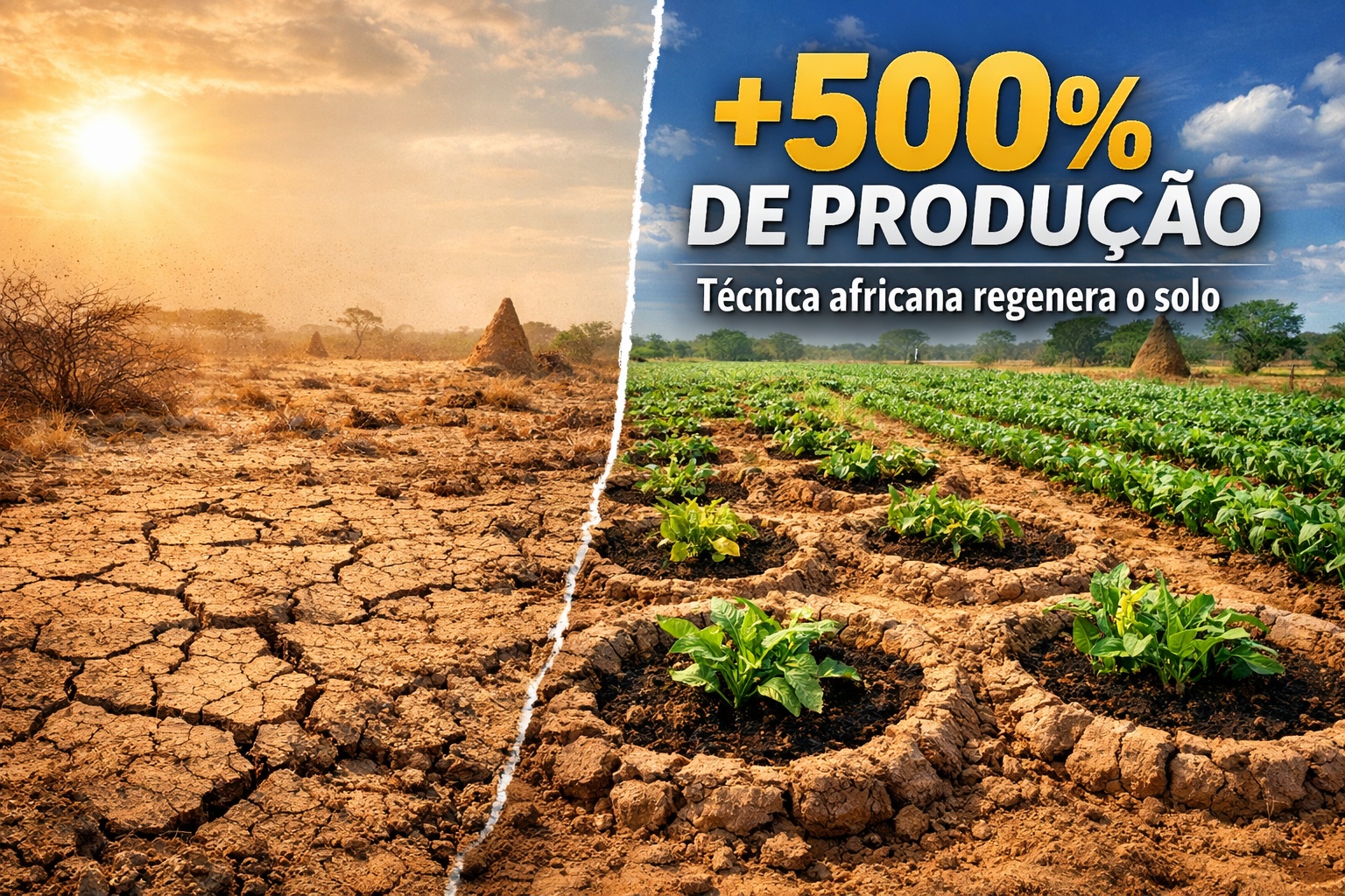 Técnica africana de covas com esterco no solo rachado do Sahel reduz trabalho de 380 para 50 horas por hectare e recuperação 40 km² de terra degradada usando cupins como aliados da agricultura