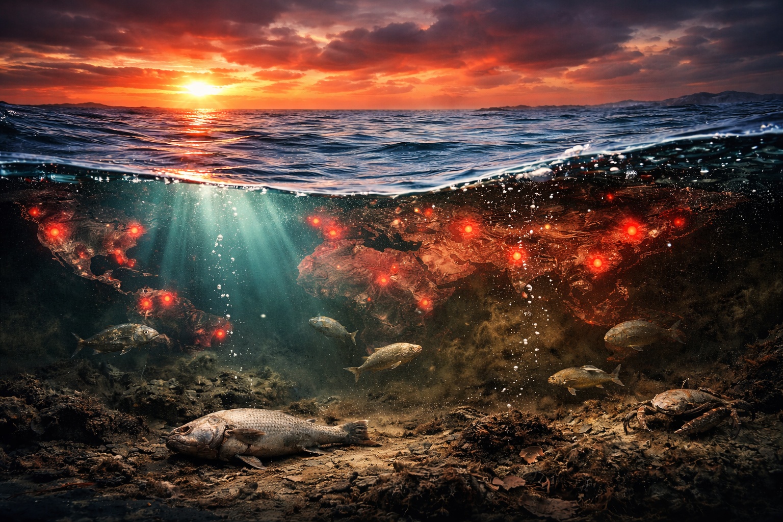 Mais de 500 zonas mortas estão se espalhando pelos oceanos sem despejo industrial visível, e cientistas alertam que aquecimento e excesso de nutrientes estão roubando o oxigênio da água