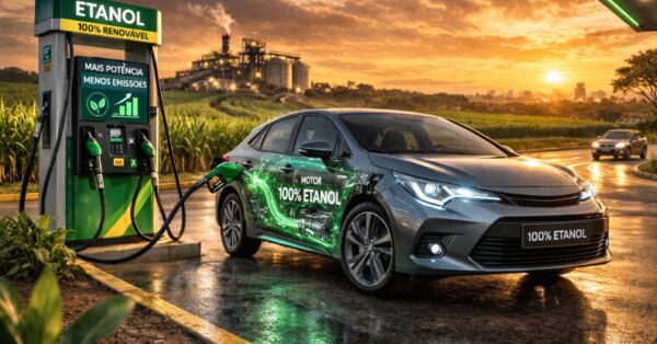 Carro genérico abastecendo com etanol em posto moderno, ilustrando veículos 100% movidos a etanol e o debate sobre motores exclusivos no Brasil.