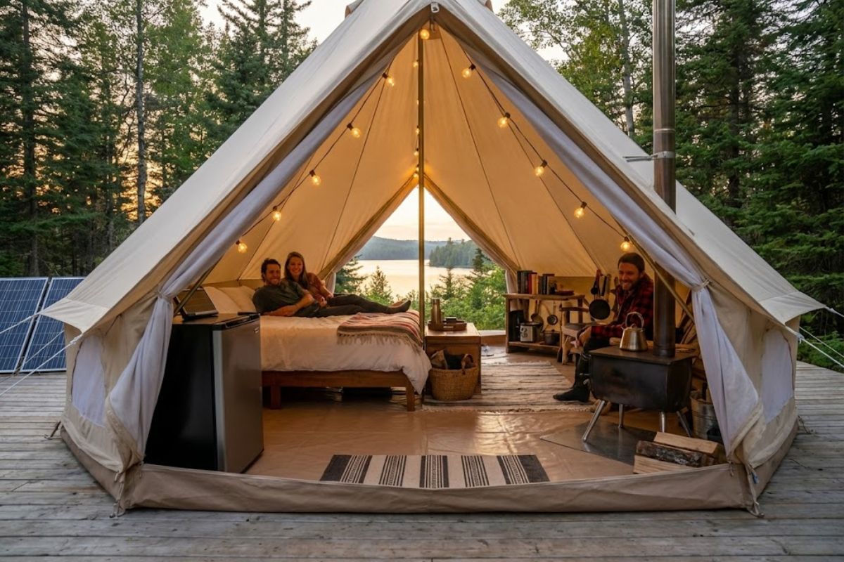 cabana com tenda no deck à beira do lago: cama pronta, energia solar e rotina de uso fixo explicadas com detalhes.