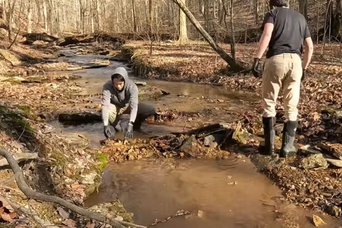 represa de piedras hecha en un arroyo intenta reducir la erosión, elevar el agua y crear una piscina fría para uso al lado de una futura sauna.