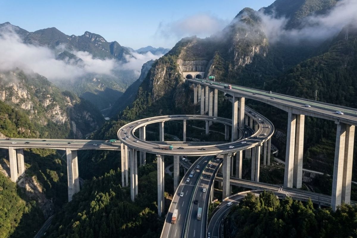 A Yaxi Expressway, famosa estrada do céu, atravessa montanhas em uma rodovia nas montanhas com impressionantes pontes e túneis na China.